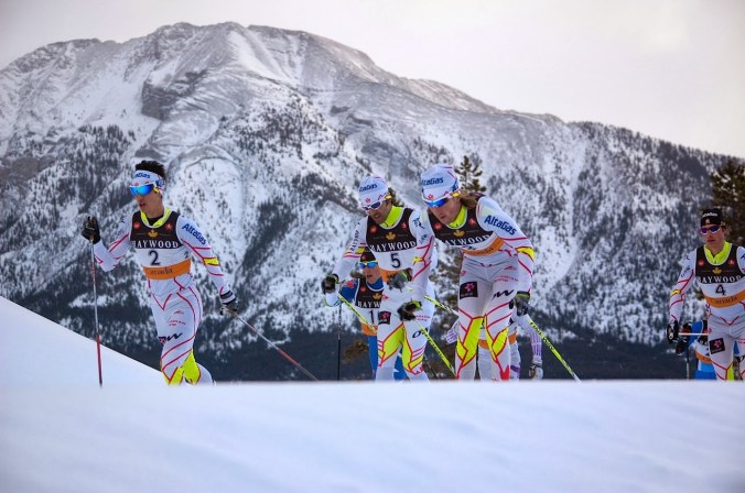 Graham Nishikawa (#2) and Brian McKeever (#5) and Kevin Sandau (#4) gave it all, but they also came short. Graeme Killick (#3) took the men's skiathlon. (Photo: Angus Cockney)