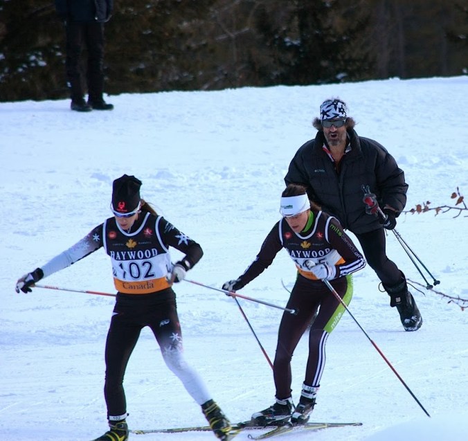 Amanda Ammar, here in front of Brittany Webster with her dad Frank watching closely, won the women's skiathlon in spectacular fashion, but still didn't make the Olympic team. Heartbreaking... (Photo: Angus Cockney)